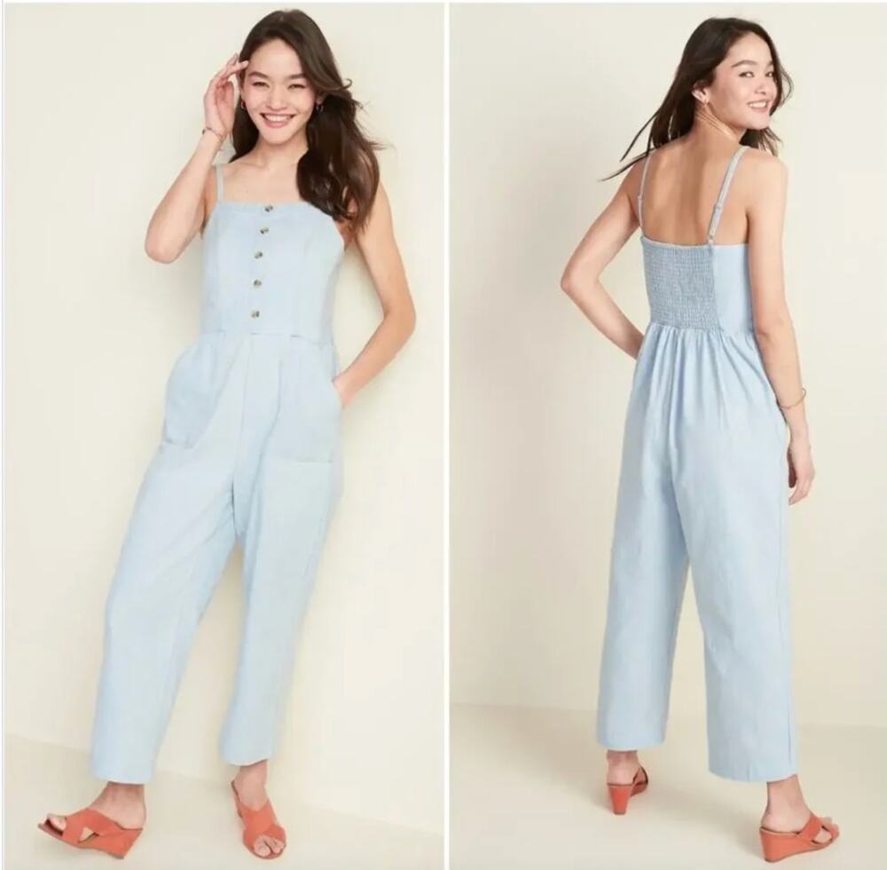 Old Navy Chambray Button Front Smocked Cami Jumpsuit Romper XXL 2X 2XL